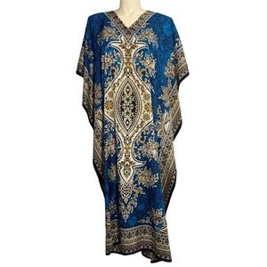 KUSHI Long Kaftan Teal Blue Gold Beige Glam Design LOUNGE India One Size